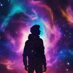 A man silhouetted against a deeply cosmic galaxy, the image styled as a Phonk playlist album cover. The galaxy should exude the essence of the cosmic, with bright stars and vivid nebulas.