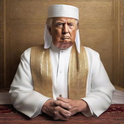 A high-quality, realistic, and respectful portrayal of Donald Trump depicted as an Imam, wearing traditional Islamic religious attire.