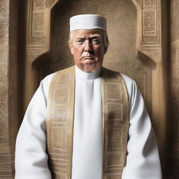 A high-quality, realistic, and respectful portrayal of Donald Trump depicted as an Imam, wearing traditional Islamic religious attire.