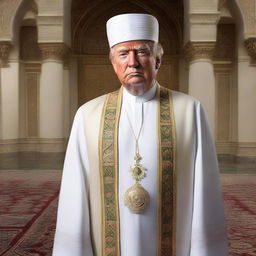 A high-quality, realistic, and respectful portrayal of Donald Trump depicted as an Imam, wearing traditional Islamic religious attire.