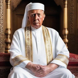 A high-quality, realistic, and respectful portrayal of Donald Trump depicted as an Imam, wearing traditional Islamic religious attire.