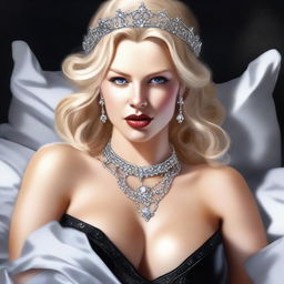 A digital art piece in realistic style portrays a seductive blonde woman in bed, adorned with a black collar, body chains, and a shimmering tiara