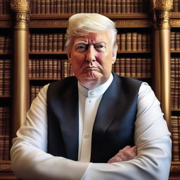 A high-quality, realistic rendition of Donald Trump as an Imam with a beard, positioned against a backdrop of a stately library.