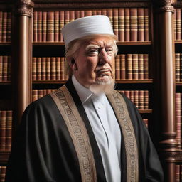 A high-quality, realistic rendition of Donald Trump as an Imam with a beard, positioned against a backdrop of a stately library.