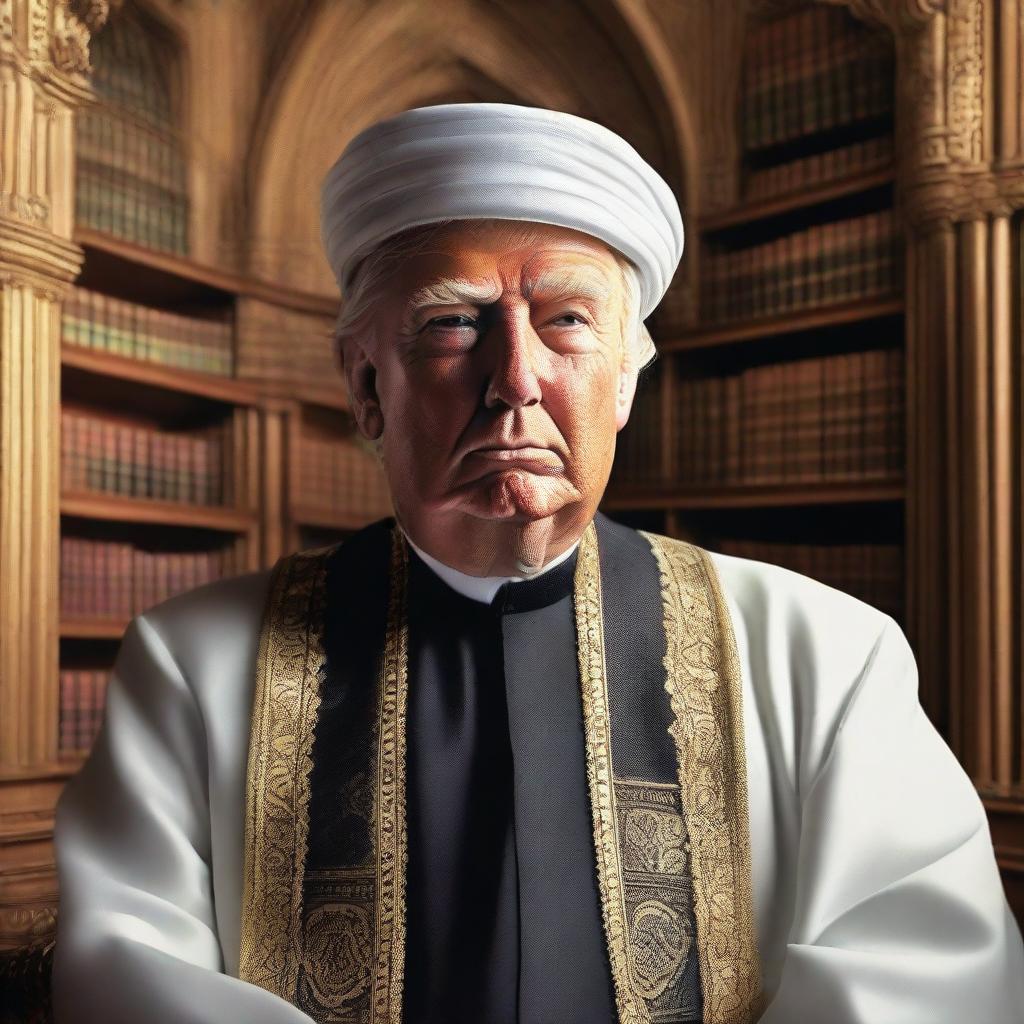 A high-quality, realistic rendition of Donald Trump as an Imam with a beard, positioned against a backdrop of a stately library.