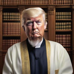 A high-quality, realistic rendition of Donald Trump as an Imam with a beard, positioned against a backdrop of a stately library.