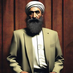 High-quality, realistic, and respectful rendering of Sistani in an unusual context, donned in stylish nightclub attire.