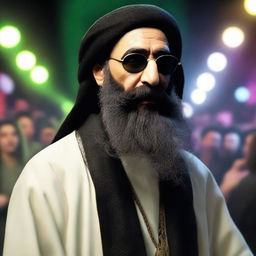 High-quality, realistic, and respectful rendering of Sistani in an unusual context, donned in stylish nightclub attire.