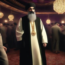 High-quality, realistic, and respectful rendering of Sistani in an unusual context, donned in stylish nightclub attire.