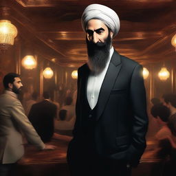 High-quality, realistic, and respectful rendering of Sistani in an unusual context, donned in stylish nightclub attire.