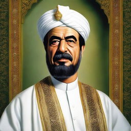 High-quality, realistic, and respectful depiction of Saddam Hussein as an Imam, featuring traditional Islamic religious attire.