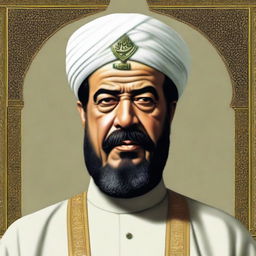 High-quality, realistic, and respectful depiction of Saddam Hussein as an Imam, featuring traditional Islamic religious attire.