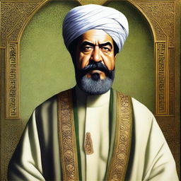 High-quality, realistic, and respectful depiction of Saddam Hussein as an Imam, featuring traditional Islamic religious attire.