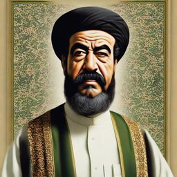 High-quality, realistic, and respectful depiction of Saddam Hussein as an Imam, featuring traditional Islamic religious attire.