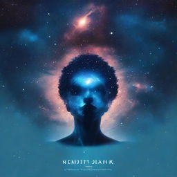 A realistic cosmic Phonk playlist album cover bathed in a chilly blue vibe. Through the galaxy backdrop, include an 'extra' element like a mesmerizing celestial event. In the image's center, place a small silhouette.