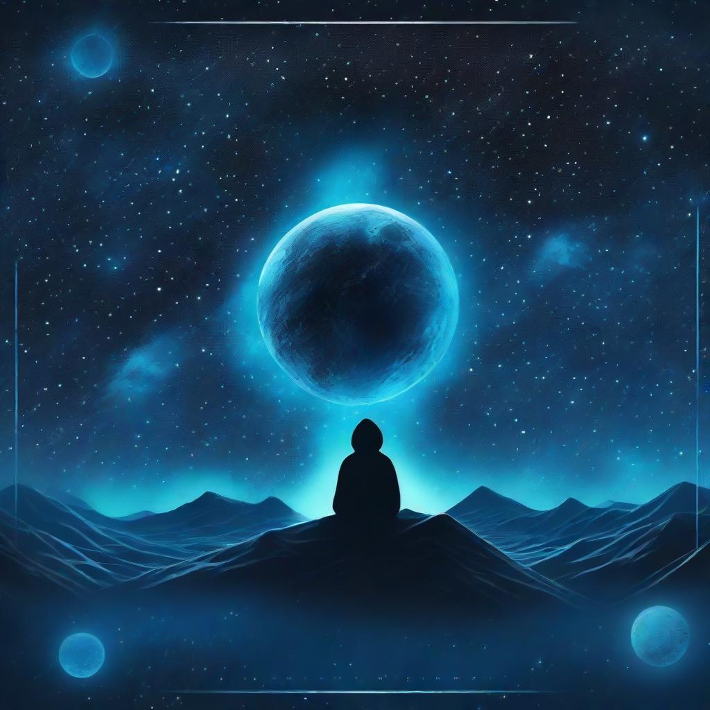 A realistic cosmic Phonk playlist album cover bathed in a chilly blue vibe. Through the galaxy backdrop, include an 'extra' element like a mesmerizing celestial event. In the image's center, place a small silhouette.