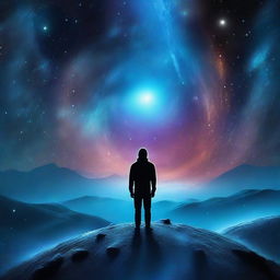 A realistic representation of a cosmic galaxy immersed in a magnificent blue vibe, with an 'extra' intriguing celestial event or object. A little silhouetted figure is positioned at the center, gazing out into the vast expanse.