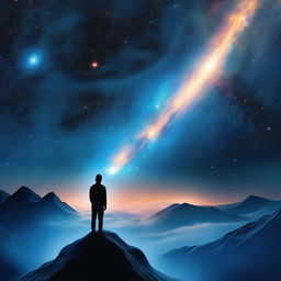 A realistic representation of a cosmic galaxy immersed in a magnificent blue vibe, with an 'extra' intriguing celestial event or object. A little silhouetted figure is positioned at the center, gazing out into the vast expanse.