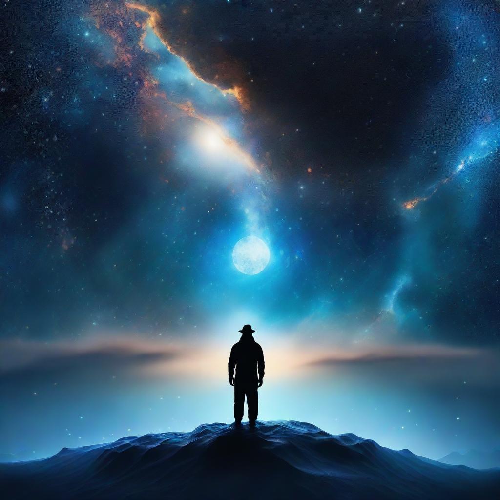 A realistic representation of a cosmic galaxy immersed in a magnificent blue vibe, with an 'extra' intriguing celestial event or object. A little silhouetted figure is positioned at the center, gazing out into the vast expanse.