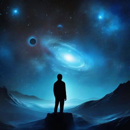 A realistic representation of a cosmic galaxy immersed in a magnificent blue vibe, with an 'extra' intriguing celestial event or object. A little silhouetted figure is positioned at the center, gazing out into the vast expanse.