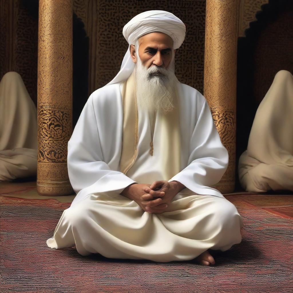 Highly realistic, high-quality representation of a bearded Sufi sheikh sitting serenely in a 'hazra', or spiritual gathering place.