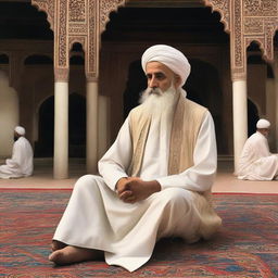 Highly realistic, high-quality representation of a bearded Sufi sheikh sitting serenely in a 'hazra', or spiritual gathering place.