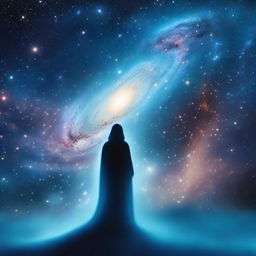 A softly blurred, hyper-realistic image of a cosmic galaxy, cloaked in breathtaking blues. An 'extra' celestial object or event and a tiny center-silhouetted figure create a dreamlike, slightly out-of-focus cosmic scene.