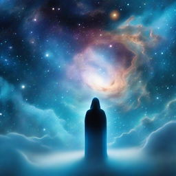 A softly blurred, hyper-realistic image of a cosmic galaxy, cloaked in breathtaking blues. An 'extra' celestial object or event and a tiny center-silhouetted figure create a dreamlike, slightly out-of-focus cosmic scene.