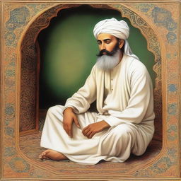 High-quality depiction of a youthful, bearded Sufi sheikh seated in a 'hazra,' or spiritual gathering place, portrayed with respectful detail.