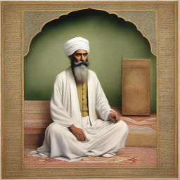 High-quality depiction of a youthful, bearded Sufi sheikh seated in a 'hazra,' or spiritual gathering place, portrayed with respectful detail.