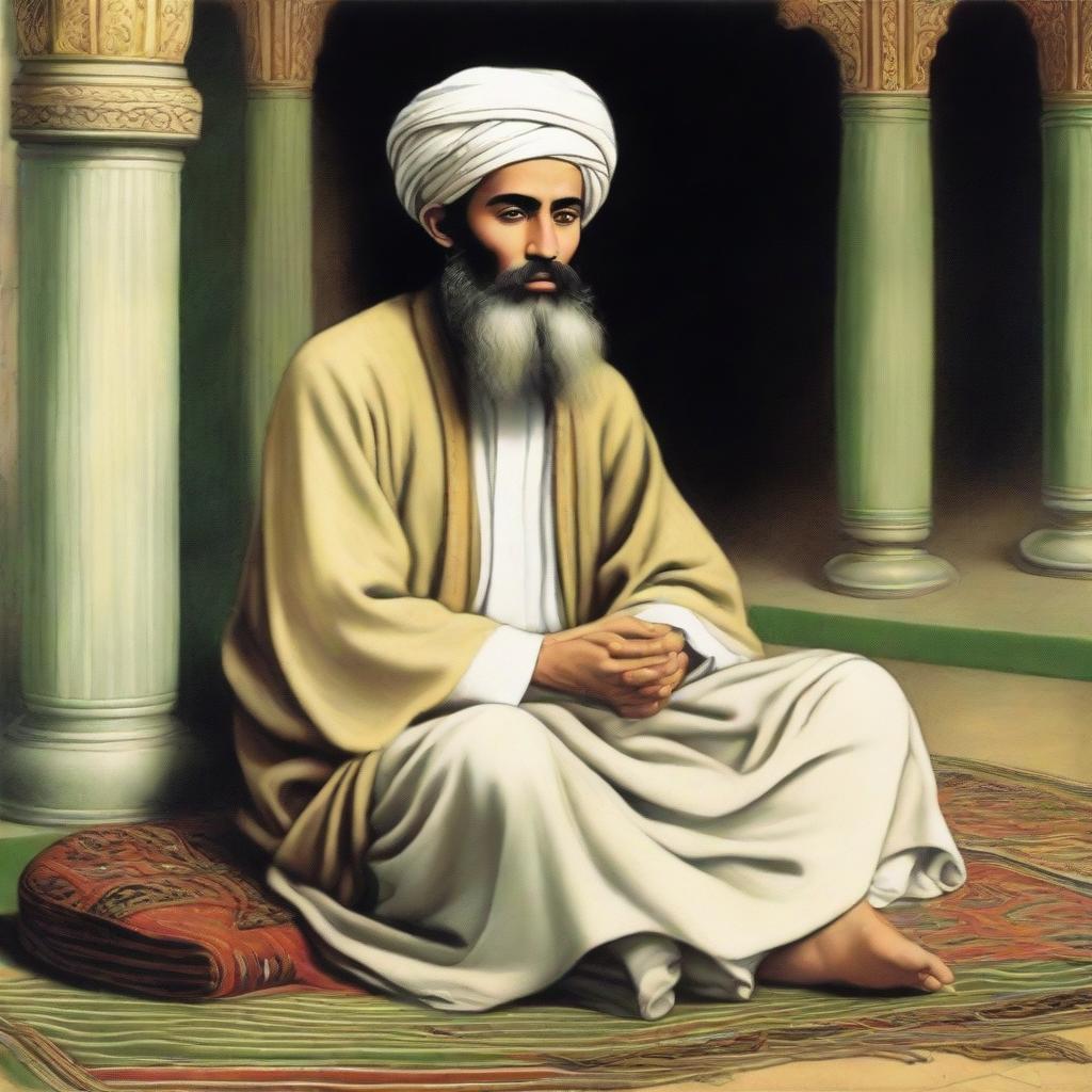 High-quality depiction of a youthful, bearded Sufi sheikh seated in a 'hazra,' or spiritual gathering place, portrayed with respectful detail.