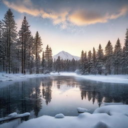 A serene winter landscape at sunset with delicate snowflakes falling onto a frozen lake surrounded by snow-capped pine trees