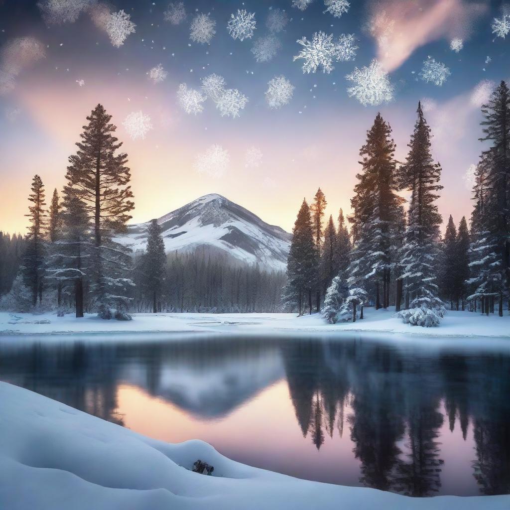 A serene winter landscape at sunset with delicate snowflakes falling onto a frozen lake surrounded by snow-capped pine trees