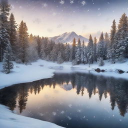 A serene winter landscape at sunset with delicate snowflakes falling onto a frozen lake surrounded by snow-capped pine trees