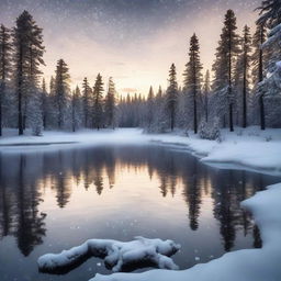 A serene winter landscape at sunset with delicate snowflakes falling onto a frozen lake surrounded by snow-capped pine trees