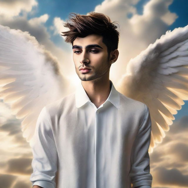 Zayn Malik portrayed as a serene angel with glowing wings, a halo of warm light, set against a sky filled with soft clouds.