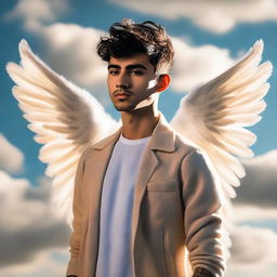 Zayn Malik portrayed as a serene angel with glowing wings, a halo of warm light, set against a sky filled with soft clouds.