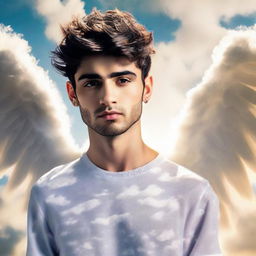 Zayn Malik portrayed as a serene angel with glowing wings, a halo of warm light, set against a sky filled with soft clouds.