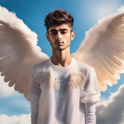 Zayn Malik portrayed as a serene angel with glowing wings, a halo of warm light, set against a sky filled with soft clouds.