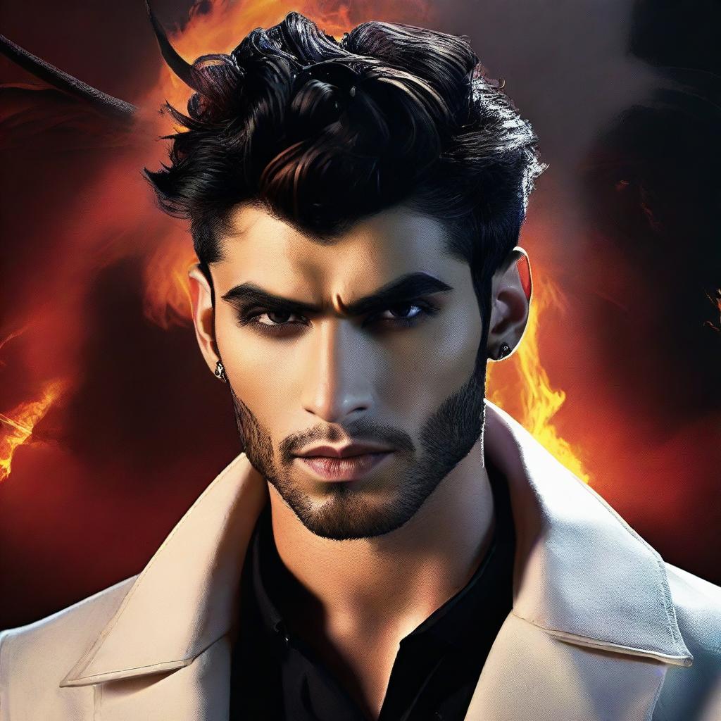 Zayn Malik depicted as Lucifer, with regal, dark attire, horns subtly blending into his hairstyle and a backdrop of a dramatic, fiery landscape.