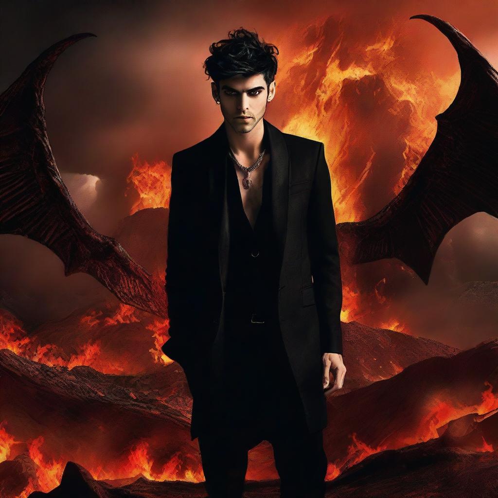 Zayn Malik depicted as Lucifer, with regal, dark attire, horns subtly blending into his hairstyle and a backdrop of a dramatic, fiery landscape.