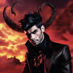 Zayn Malik depicted as Lucifer, with regal, dark attire, horns subtly blending into his hairstyle and a backdrop of a dramatic, fiery landscape.