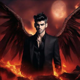 Zayn Malik depicted as Lucifer, with regal, dark attire, horns subtly blending into his hairstyle and a backdrop of a dramatic, fiery landscape.