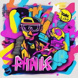 An eclectic Phonk playlist album cover. The design is an amalgamation of bright colors, edgy graffiti art, and a pulsating energy inherent in the Phonk music vibes. An abstract scene representing the unexpectedness of the genre.