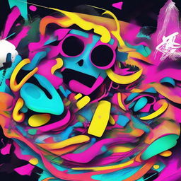 An eclectic Phonk playlist album cover. The design is an amalgamation of bright colors, edgy graffiti art, and a pulsating energy inherent in the Phonk music vibes. An abstract scene representing the unexpectedness of the genre.