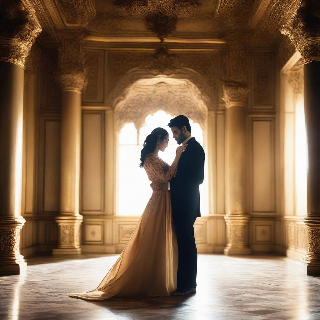 A man and a woman romantically entwined in a dance, inside an opulent palace, their eyes locked with affection and warmth.