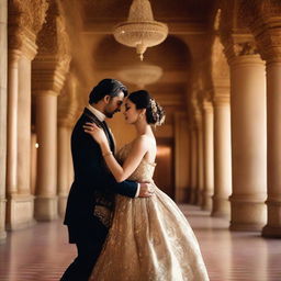 A man and a woman romantically entwined in a dance, inside an opulent palace, their eyes locked with affection and warmth.