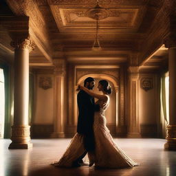 A man and a woman romantically entwined in a dance, inside an opulent palace, their eyes locked with affection and warmth.