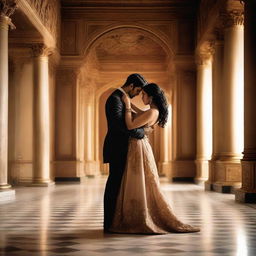 A man and a woman romantically entwined in a dance, inside an opulent palace, their eyes locked with affection and warmth.