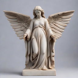 An intricately carved statue of an angel set against a simple, minimalist grey background